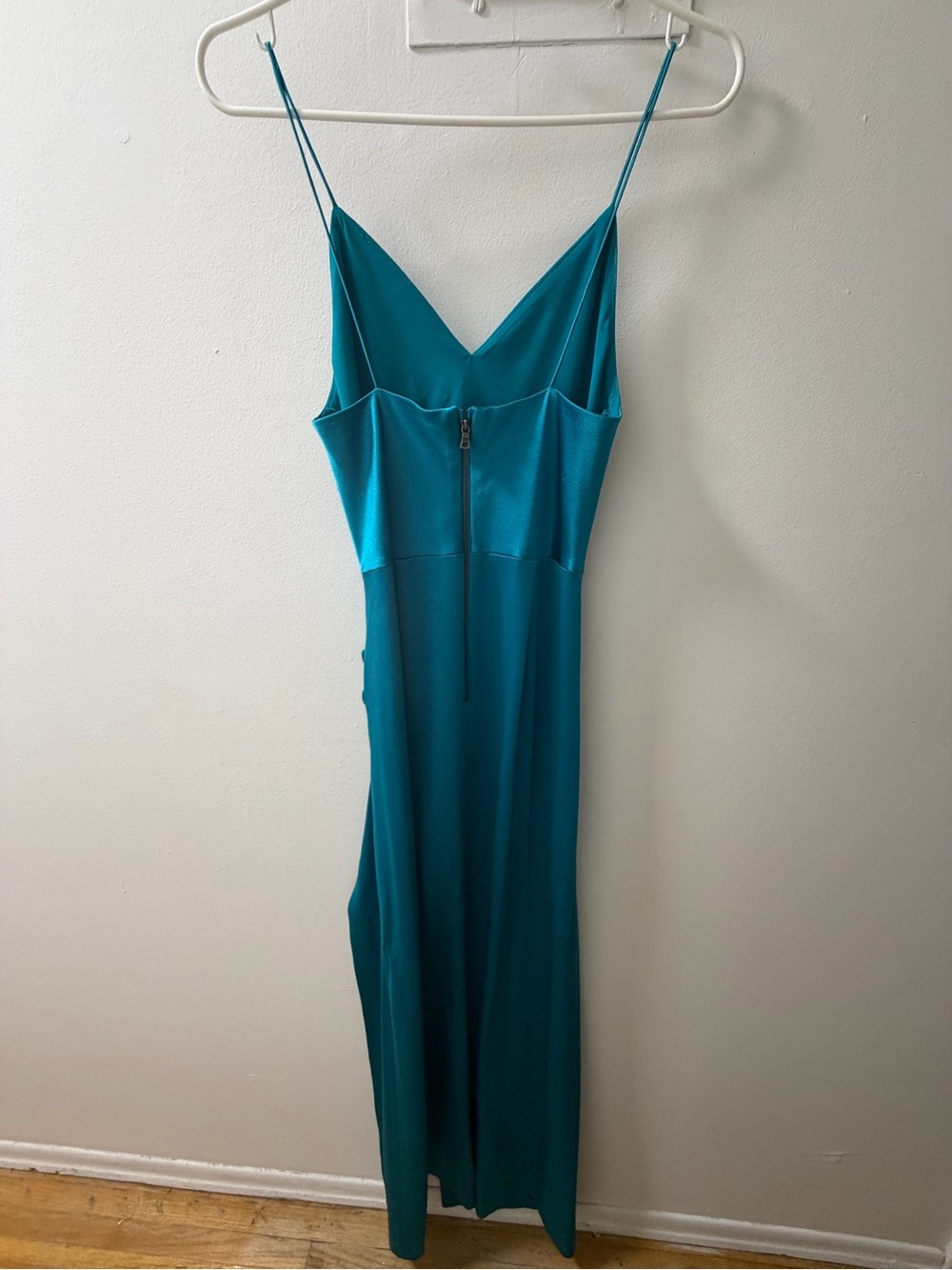 Satin Teal Slip Dress with Side Ruched Slit - Picture 3 of 5